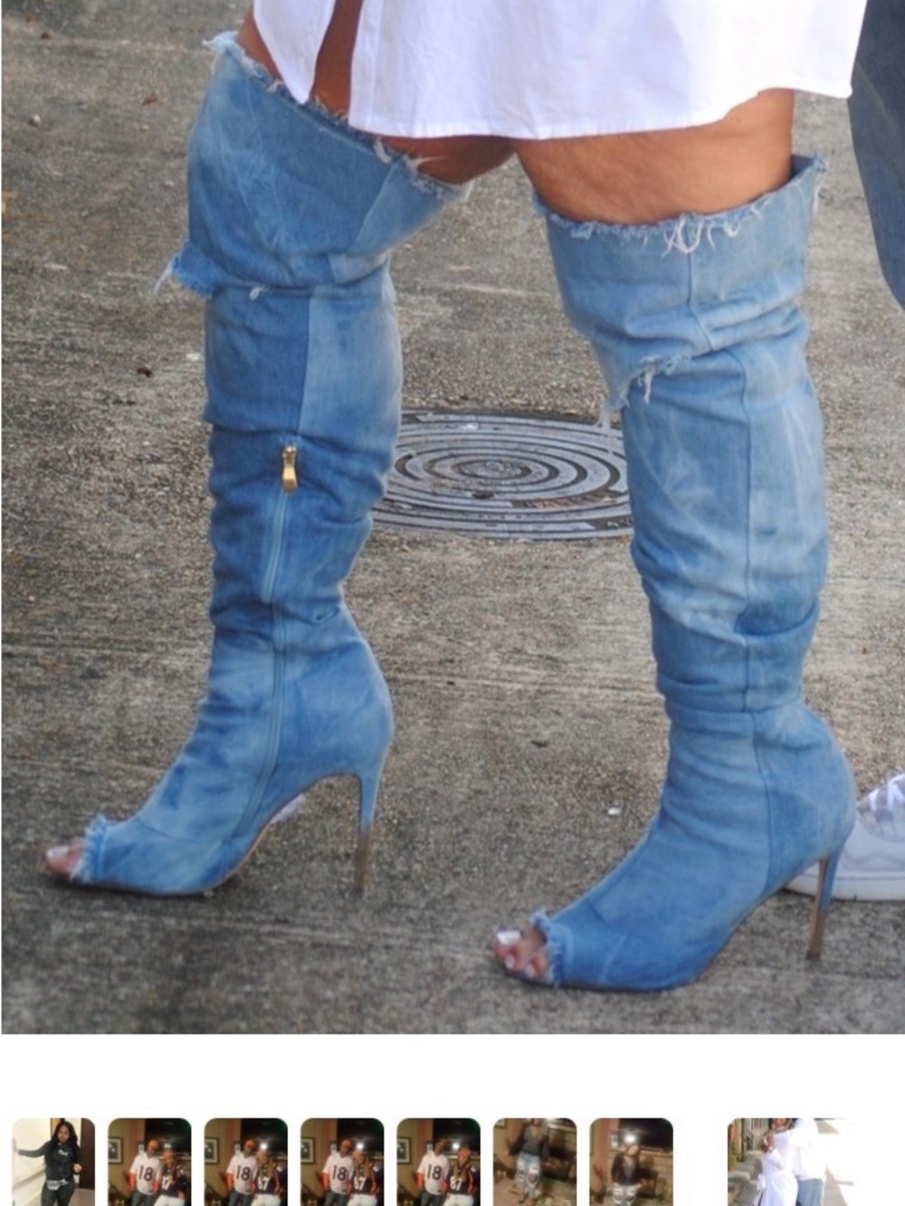 Over-the-Knee Denim Peep-Toe Stiletto Boots - Blue